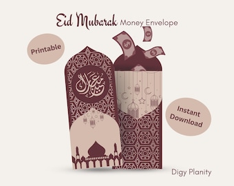 May include: A digital illustration of two Eid Mubarak money envelopes. One envelope is open with dollar bills spilling out. The envelopes are burgundy and beige with Islamic design elements. Text includes "Eid Mubarak Money Envelope", "Printable", and "Instant Download".