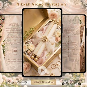 May include: A digital Nikkah video invitation template displayed on three smartphone screens. The screens show a gold box containing a scroll tied with a ribbon and a rose, surrounded by pink and white roses, with text details for a wedding.