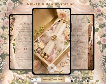 May include: A digital Nikkah video invitation template displayed on three smartphone screens. The screens show a gold box containing a scroll tied with a ribbon and a rose, surrounded by pink and white roses, with text details for a wedding.