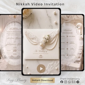 May include: Three smartphones displaying a Nikkah video invitation template. The center screen shows a cream-colored envelope adorned with white lace, pearls, and small fabric flowers. The screens feature elegant text, floral motifs, and event details.