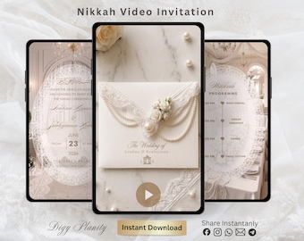May include: Three smartphones displaying a Nikkah video invitation template. The center screen shows a cream-colored envelope adorned with white lace, pearls, and small fabric flowers. The screens feature elegant text, floral motifs, and event details.