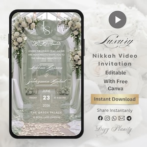 May include: A digital Nikkah ceremony invitation on a smartphone screen. The design includes floral decorations, elegant calligraphy, and the names of the couple, plus the date and time of the event.