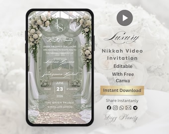 Luxe Nikkah-video-uitnodiging, geanimeerde bloemenhuwelijksuitnodiging, bewerkbare canvassjabloon, saliegroen