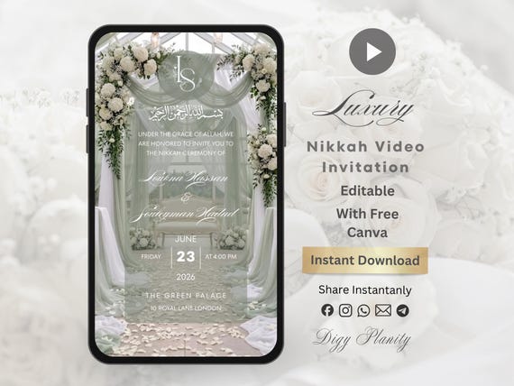 Luxury Nikkah Video Invitation, Animated Floral Wedding Invite, Editable Canva Template, Sage Green