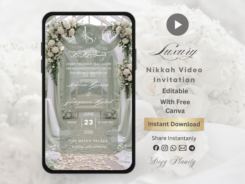 May include: A digital invitation for a Nikkah ceremony displayed on a smartphone. The design features floral arrangements, elegant script, and the names of the couple, along with the date and time of the event.
