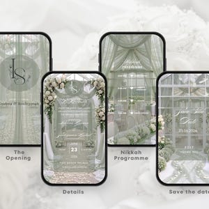 May include: A digital wedding invitation suite displayed on smartphones. The design features a soft green and white color scheme with floral accents. The screens show details like the opening, details, Nikah program, and save the date information.