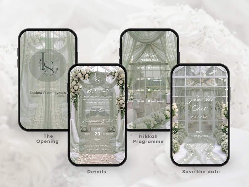 May include: A digital wedding invitation suite displayed on smartphones. The design features a soft green and white color scheme with floral accents. The screens show details like the opening, details, Nikah program, and save the date information.