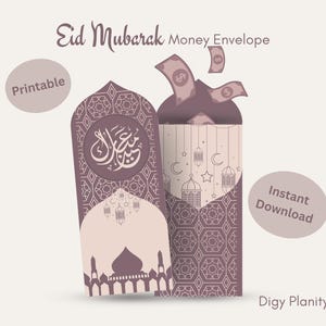 Puede incluir: Ilustración digital de dos sobres de dinero para Eid Mubarak. Un sobre está abierto, con billetes de dólar saliendo. Los sobres están decorados con patrones islámicos, caligrafía y siluetas de mezquitas. Las palabras "Eid Mubarak" y "Money Envelope" están en la parte superior.