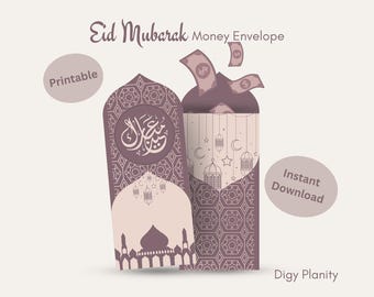 May include: A digital illustration of two money envelopes for Eid Mubarak. One envelope is open, with dollar bills spilling out. The envelopes are decorated with Islamic patterns, calligraphy, and mosque silhouettes. The words "Eid Mubarak" and "Money Envelope" are at the top.