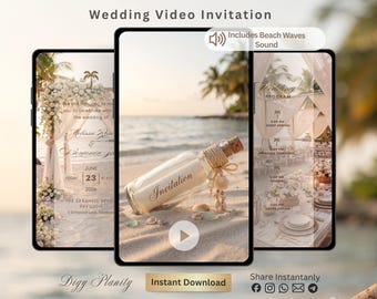 May include: Three smartphones display a digital wedding video invitation featuring a beach theme. The center screen shows a glass bottle with a cork stopper and a scroll inside, resting on sand. Text includes Wedding Video Invitation and Includes Beach Waves Sound.