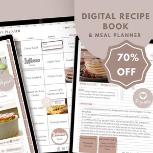May include: Digital recipe book and meal planner on tablets. The screens display meal planning calendars, recipe instructions, and a 70% off promotion. The interface includes recipe ratings and a 'So Yummy' graphic.