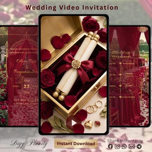 May include: Three smartphone screens displaying a wedding video invitation template. The center screen shows a gold box containing a scroll tied with a burgundy ribbon and a gold rose. The screens feature red roses, text, and event details.