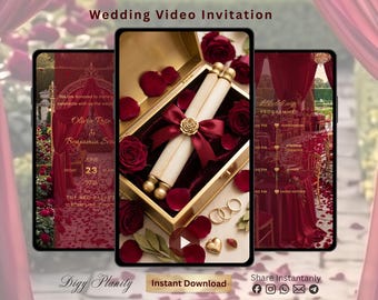 May include: Three smartphone screens displaying a wedding video invitation template. The center screen shows a gold box containing a scroll tied with a burgundy ribbon and a gold rose. The screens feature red roses, text, and event details.