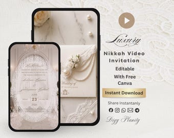 May include: A digital wedding invitation design displayed on two smartphones and an invitation card. The design features a white and cream color scheme with floral and pearl accents. Text on the invitation includes the date, time, and location of the ceremony.