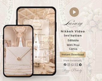 May include: A digital invitation design for a Nikkah ceremony, displayed on two smartphones. The design features a luxurious interior scene with a detailed event schedule and the text "Luxury Nikkah Video Invitation".