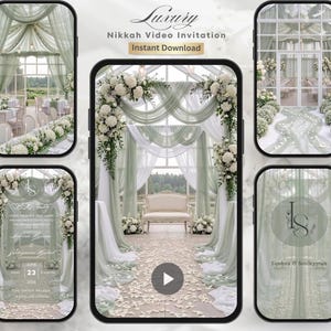 May include: A digital wedding invitation design displayed on a smartphone. The design features a luxurious indoor wedding venue with white floral arrangements, soft green draping, and a cream-colored sofa. The text "Luxury Nikkah Video Invitation" is visible.
