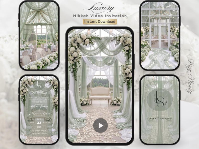 May include: A digital wedding invitation design displayed on a smartphone. The design features a luxurious indoor wedding venue with white floral arrangements, soft green draping, and a cream-colored sofa. The text "Luxury Nikkah Video Invitation" is visible.