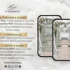 May include: Digital wedding invitation displayed on two smartphones. The invitation features a floral archway design with text and the date June 23, 2026. Instructions on how to purchase, personalize, and share the invitation are also included.