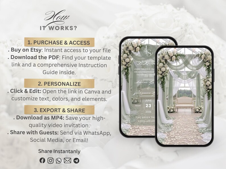 May include: Digital wedding invitation displayed on two smartphones. The invitation features a floral archway design with text and the date June 23, 2026. Instructions on how to purchase, personalize, and share the invitation are also included.