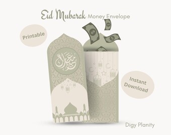 May include: A printable Eid Mubarak money envelope featuring a sage green and cream color palette. The design includes intricate geometric patterns, a mosque silhouette, hanging lanterns, and text reading Eid Mubarak Money Envelope.