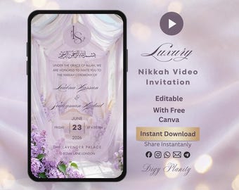 May include: A digital invitation for a Nikkah ceremony displayed on a smartphone screen. The design features a soft lavender color scheme with floral accents and elegant calligraphy. The text includes the names of the couple, date, and location.