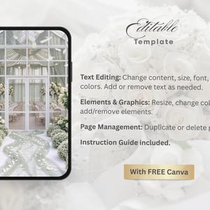 May include: A smartphone displays a wedding venue scene with a floral aisle. Text on the image includes "Editable Template" and details about text editing, elements, and page management. A gold banner reads "With FREE Canva."