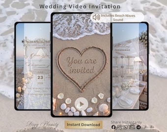 Invito video per matrimonio in spiaggia, invito animato con onde dell'oceano, invito digitale, modello Canva modificabile
