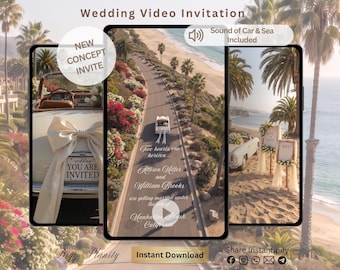 May include: A digital wedding video invitation template displayed on three smartphone screens. The design features a vintage car with a large white bow, a coastal road, and beach scenery. Text includes "Wedding YOU ARE INVITED," "Two hearts, one horizon," and names.