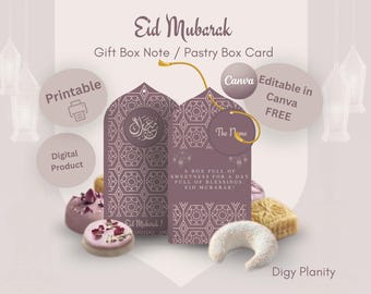 May include: A digital product image featuring Eid Mubarak gift box notes and pastry box cards. The design includes a purple and white geometric pattern, with text that reads "A box full of sweetness for a day full of blessings Eid Mubarak!" and "The Name".