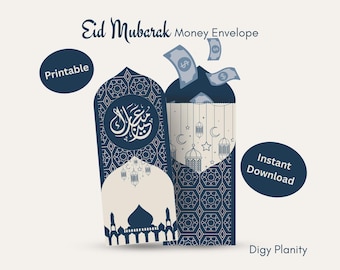 May include: An illustration of two navy blue and cream-colored Eid Mubarak money envelopes. One envelope has Arabic calligraphy, and the other has hanging lanterns and stars. The words "Eid Mubarak Money Envelope" and "Printable" are visible.
