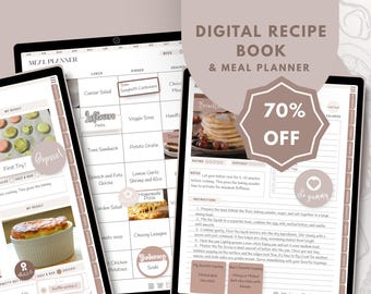 May include: Digital recipe book and meal planner displayed on tablets. The screens show meal planning calendars, recipe instructions, and a 70% off promotion. The interface is in shades of brown and white.