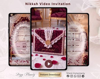May include: Three smartphones displaying a Nikkah video invitation. The screens show a deep burgundy envelope with white lace and a gold wax seal, alongside event details including the date June 23, 2026, and a programme schedule with text.