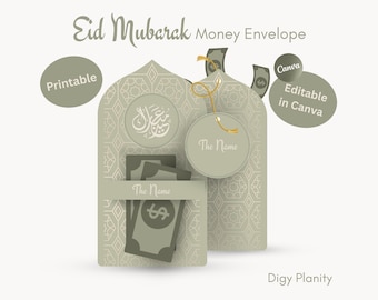 May include: A digital illustration of a money envelope for Eid Mubarak, featuring a light green color scheme. The design includes decorative patterns, a space for a name, and the text "Eid Mubarak." The design is labeled as "Printable" and "Editable in Canva."