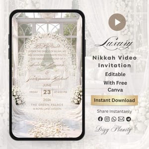 Könnte beinhalten: Ein Smartphone zeigt eine digitale Nikkah-Videoeinladung mit weißem Blumendekor, arabischer Kalligrafie und Veranstaltungsdetails. Der Bildschirm zeigt einen hellen, eleganten Veranstaltungsort mit weißen Vorhängen und Blumen.