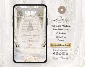 May include: A smartphone displaying a digital Nikkah video invitation with white floral decor, Arabic calligraphy, and event details including names, date, and location. The screen shows a bright, elegant venue setting with white curtains and flowers.