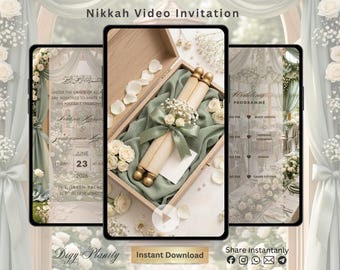 May include: A digital Nikkah video invitation displayed on three smartphone screens. The center screen shows a wooden box containing a scroll wrapped in sage green fabric, white flowers, and gold accents. The side screens display event details.