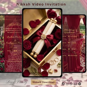 Romantic Red Rose Nikkah Video Invitation, Animated Floral Wedding Invite, Editable Canva Template