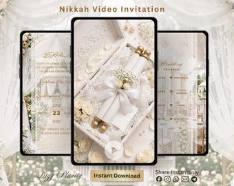 May include: Three smartphones displaying a Nikkah video invitation, a scroll in a lace-lined box with white flowers, and a wedding program. The screens feature elegant white and gold text, floral motifs, and a play button icon for the video.