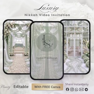 May include: Three smartphones displaying a wedding invitation video. The screens showcase a ceremony setting with floral arrangements and draped fabric. The invitation includes the text "Luxury Nikkah Video Invitation" and the names "Loubna & Souleyman".