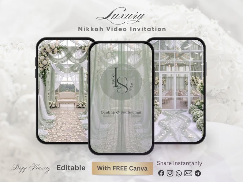 May include: Three smartphones displaying a wedding invitation video. The screens showcase a ceremony setting with floral arrangements and draped fabric. The invitation includes the text "Luxury Nikkah Video Invitation" and the names "Loubna & Souleyman".