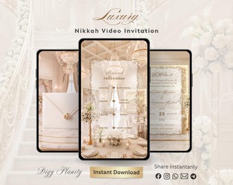 May include: Three smartphones displaying a luxury Nikkah video invitation. The screens show a wedding invitation, a schedule, and an envelope. The background is a soft, elegant design with floral arrangements and chandeliers. The text includes "Luxury" and "Nikkah Video Invitation."