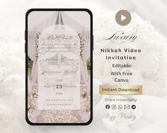 May include: A smartphone displaying a digital Nikkah video invitation with white floral decor, featuring the text: Under the grace of Allah, we are honored to invite you to the Nikkah ceremony of Laina Hassan and Souleyman Hadid, June 23, 2026.