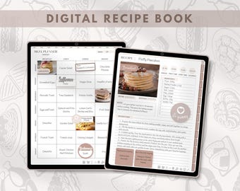 May include: Two digital tablets displaying a digital recipe book. One tablet shows a meal planner with a grid of meal options. The other tablet displays a recipe for fluffy pancakes with ingredients and instructions. The text "DIGITAL RECIPE BOOK" is at the top.