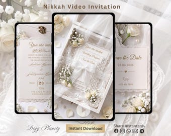 Elegant White Lace Nikkah Video Invitation, Islamic Animated Wedding Invite, Editable Canva Template