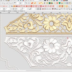 May include: Close-up of an embroidery design featuring floral patterns. The top section showcases a gold-colored floral design, while the bottom section displays a white floral design. The intricate details and textures are visible, highlighting the craftsmanship.