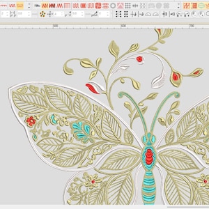 May include: Close-up of an embroidered butterfly design. The butterfly features intricate gold, white, red, and teal threadwork. The design includes floral and leaf patterns, with a detailed, textured appearance. The background is a light gray.