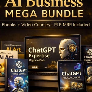 Op de afbeelding: Een promotieafbeelding voor een AI business mega bundle. De afbeelding toont een laptop, tablet en boeken met de tekst "ChatGPT Expertise" en "Video Course". De achtergrond is donker met gouden tekst die "AI Business MEGA BUNDLE" luidt.