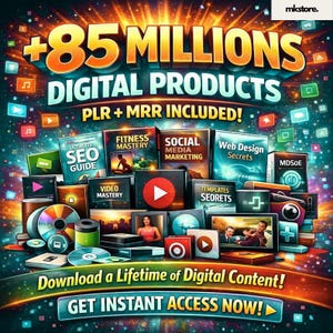 Pode incluir: Uma imagem promocional com o texto "+85 MILLIONS DIGITAL PRODUCTS" e "PLR + MRR INCLUDED!". A imagem apresenta várias capas de produtos digitais, incluindo "Ultimate SEO Guide" e "Web Design Secrets". A faixa inferior diz "Download a Lifetime of Digital Content! GET INSTANT ACCESS NOW!"