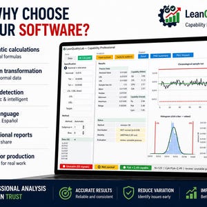 Pode incluir: Uma tela de laptop exibe a interface do software LeanQualityLab Capability Professional v4.0, com dados estat&iacute;sticos, um gr&aacute;fico cronol&oacute;gico, um histograma e um gr&aacute;fico de probabilidade. A barra lateral esquerda lista os benef&iacute;cios do software.