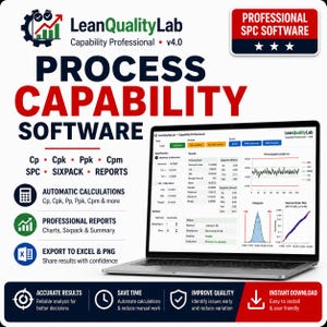 May include: LeanQualityLab Capability Professional v4.0 process capability software displayed on a laptop screen. The interface shows statistical process control data, including Cp, Cpk, Ppk, Cpm, SPC, sixpack, and reports with charts and histograms.